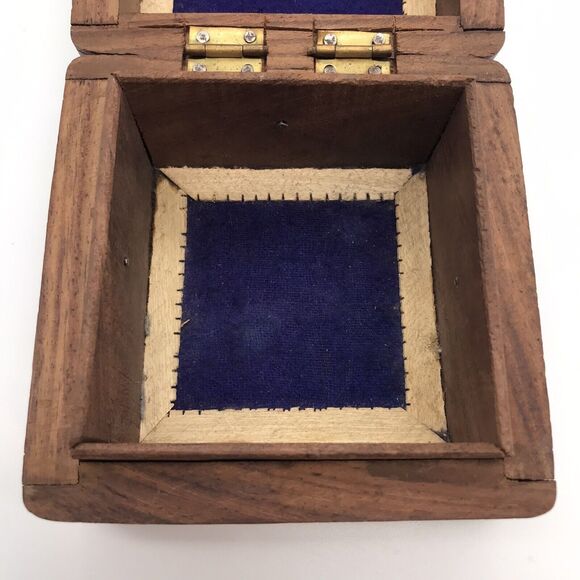 Vintage Hand Carved Wooden Box Inlay Flower Leaves Made In India Hinged Square - Picture 10 of 15